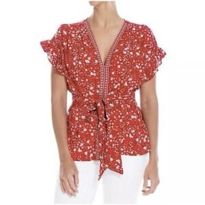 MAX STUDIO L Large Top Blouse Scarlet Red Daisy Floral Ruffled Sleeve Tie